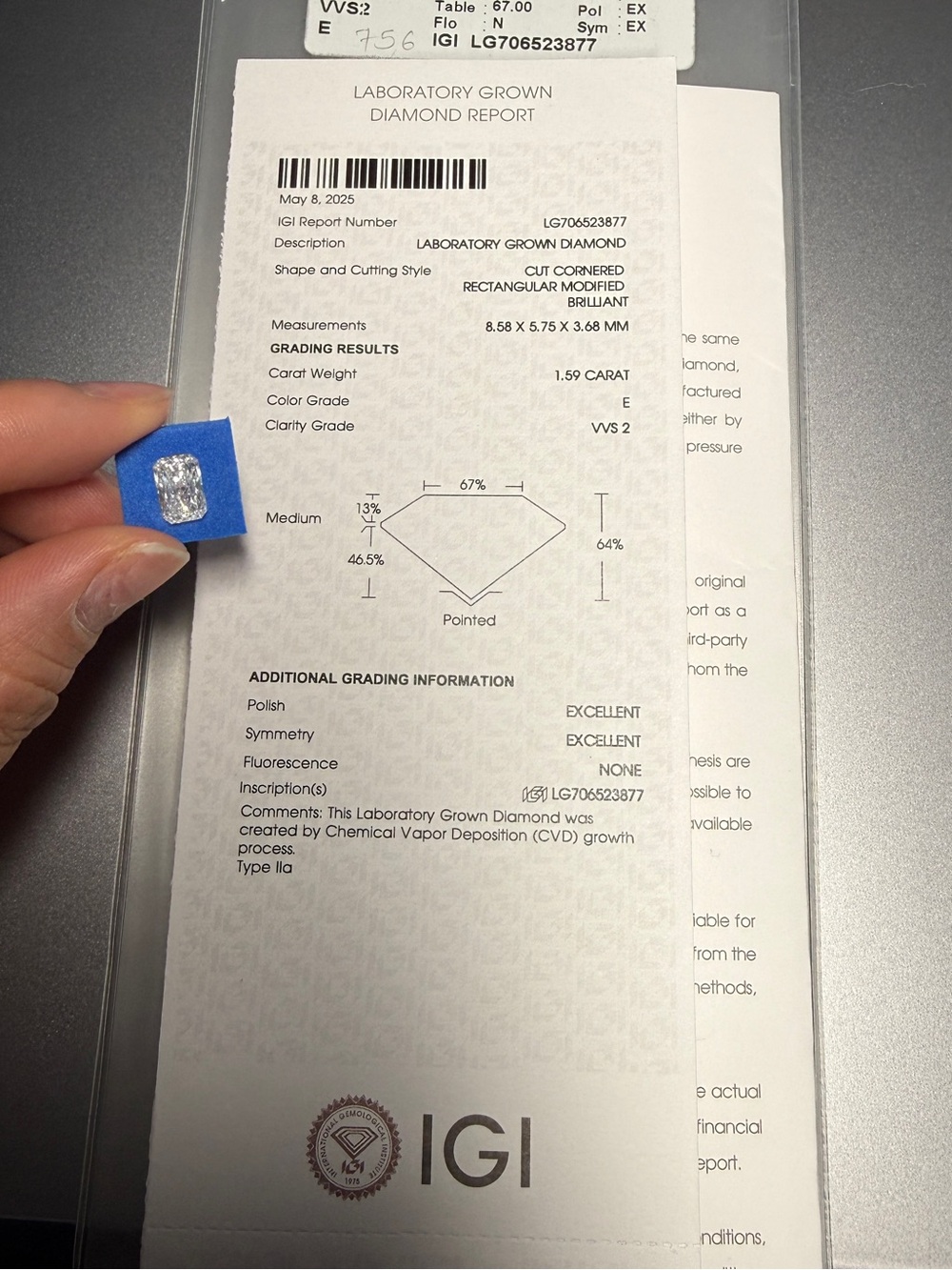 1.59ct IGI Certified Radiant Cut Lab Grown Diamond